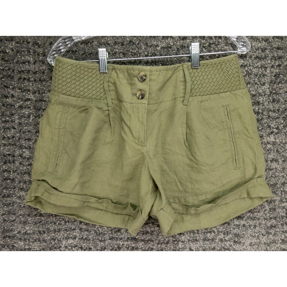 Ann Taylor Loft Shorts Womens 6 Inseam 3.5 Green Cuffed Pleated Chino 100% Linen